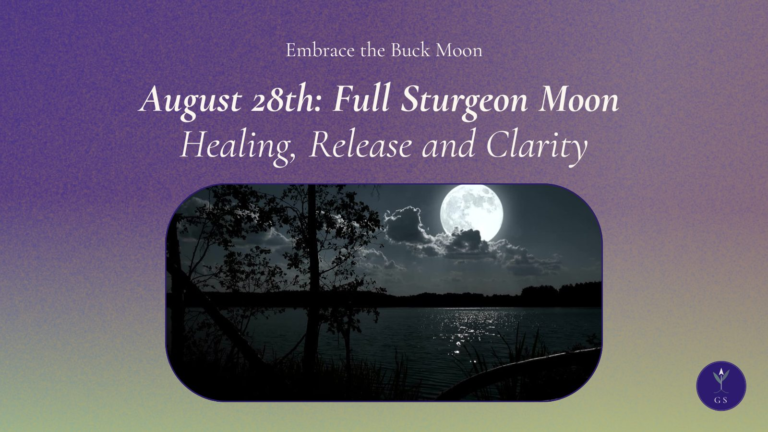 Full Sturgeon Moon on August 28 2026 over a lake, healing release and clarity blog graphic