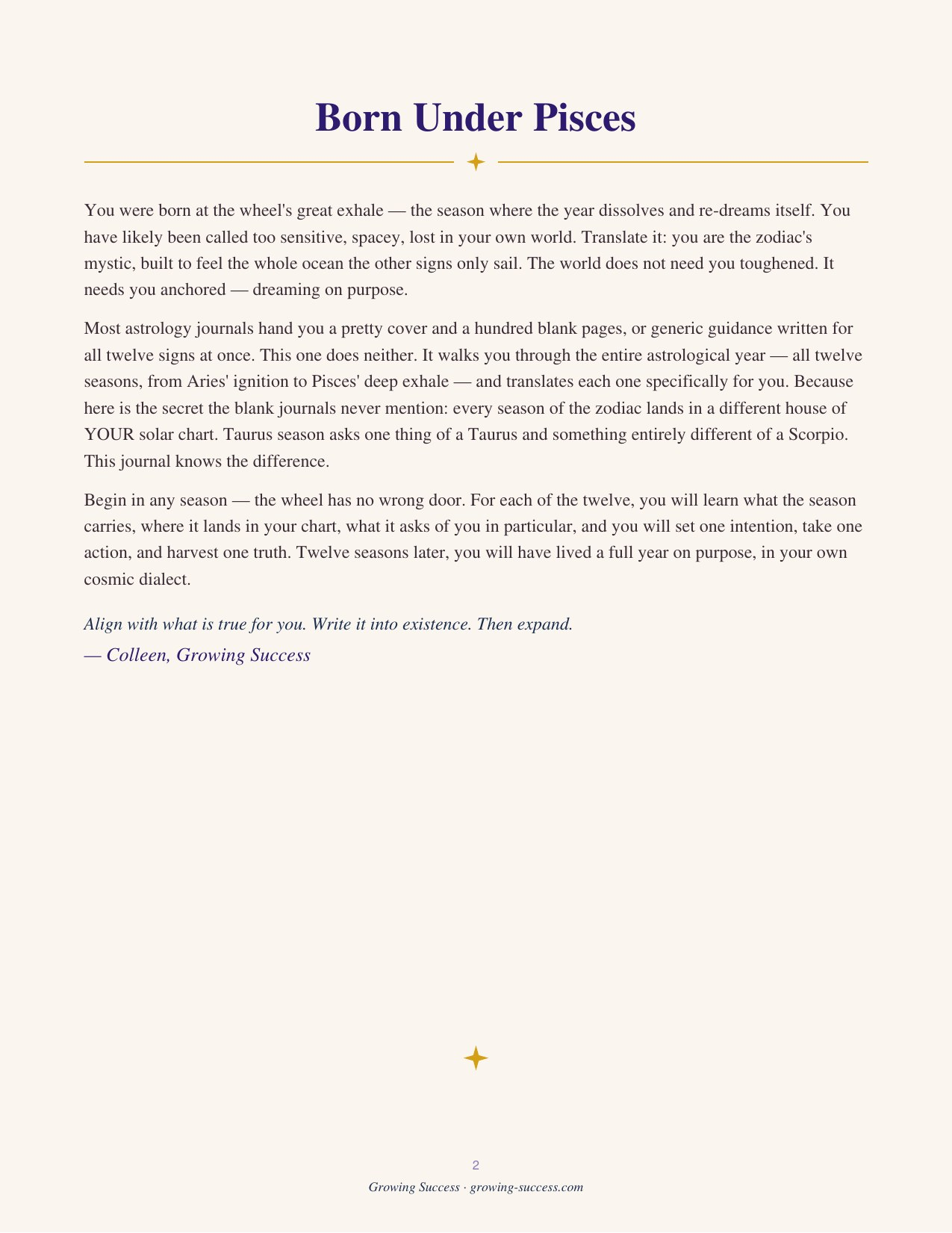 Pisces Year Journal — the opening welcome letter, which reframes the sign’s tired stereotypes into what they actually describe. Guided astrology journal, printable and fillable PDF digital download.