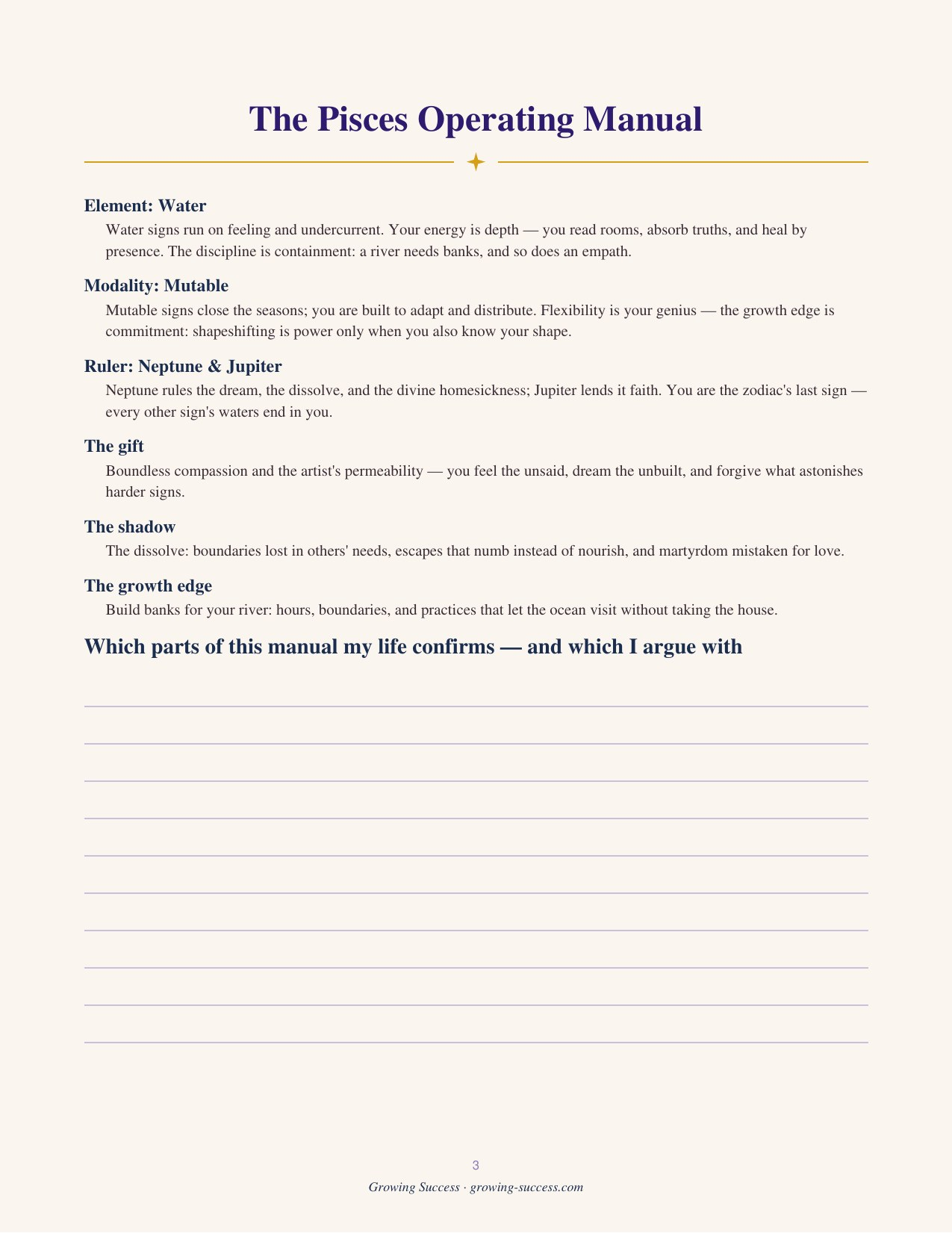 Pisces Year Journal — the Operating Manual page listing element, modality, ruling planet, core gift, shadow and growth edge. Guided astrology journal, printable and fillable PDF digital download.