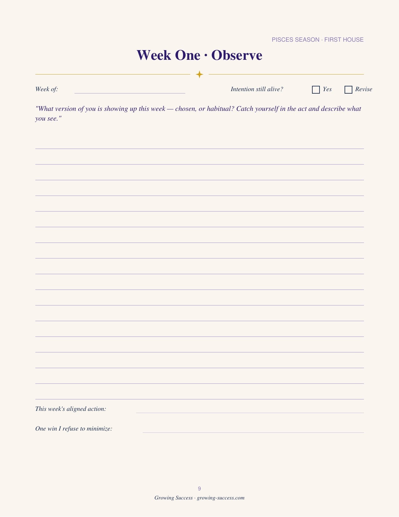Pisces Year Journal — a weekly page (Week One · Observe) with room for the week’s intention, notes and what to tend. Guided astrology journal, printable and fillable PDF digital download.