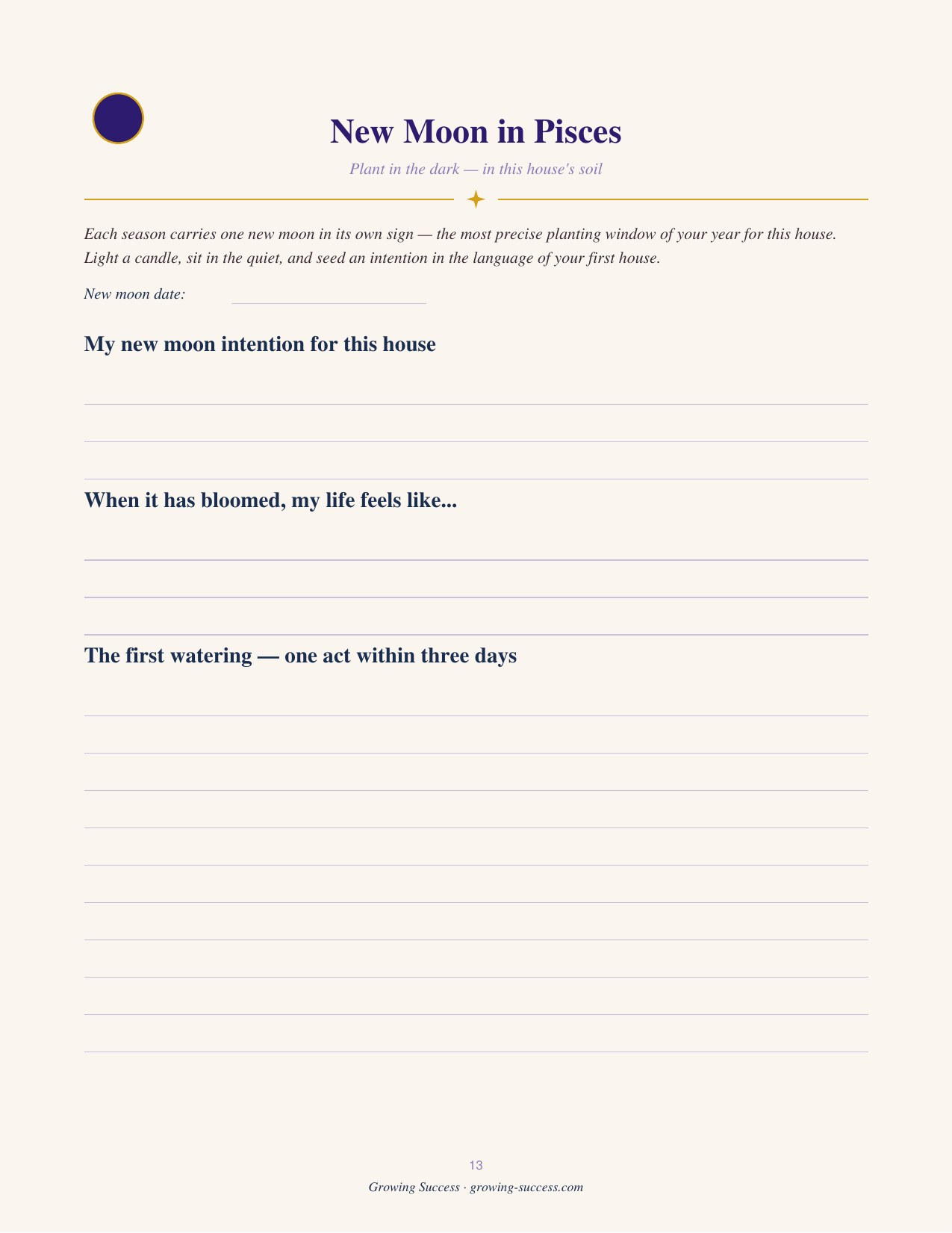 Pisces Year Journal — a new moon page for planting intentions in that season’s house. Guided astrology journal, printable and fillable PDF digital download.
