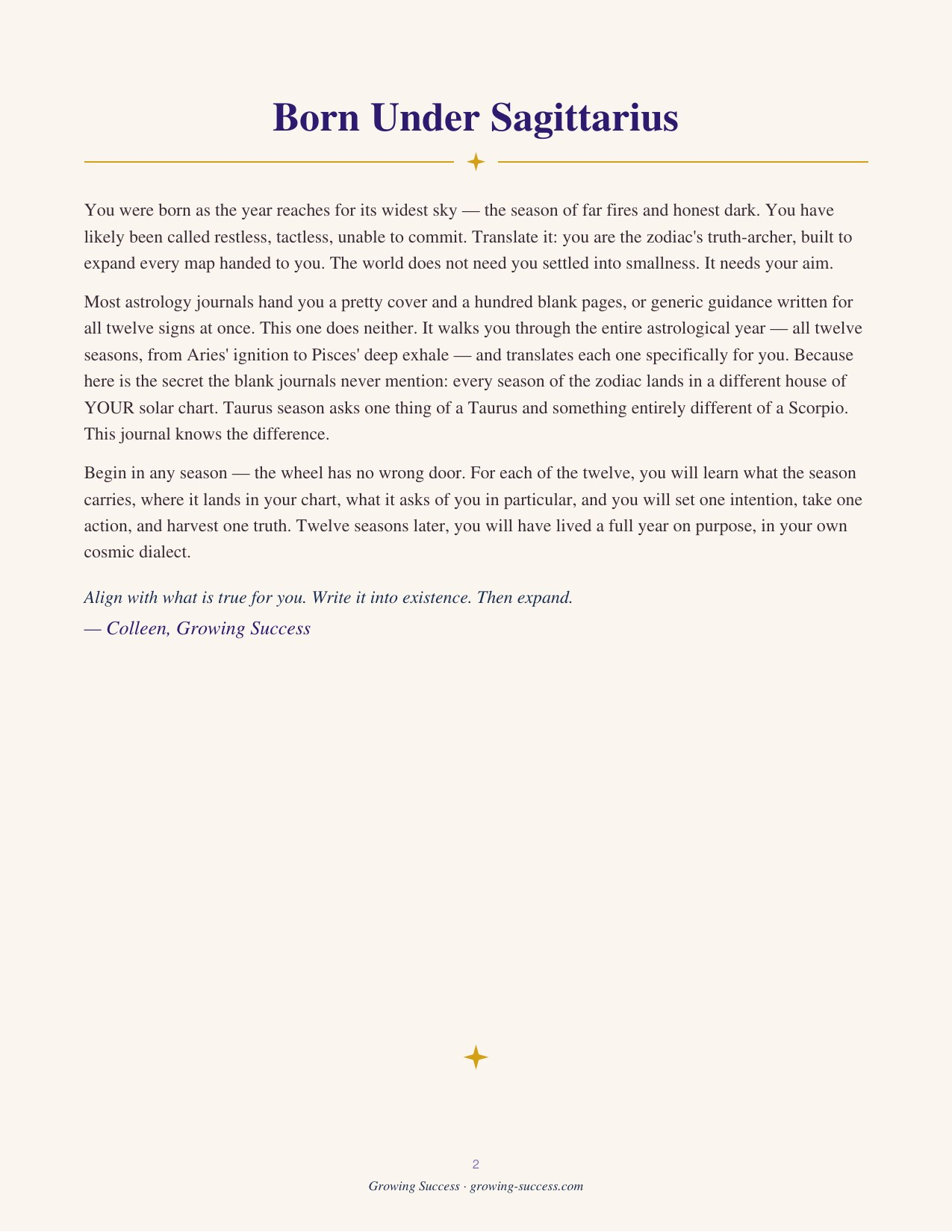 Sagittarius Year Journal — the opening welcome letter, which reframes the sign’s tired stereotypes into what they actually describe. Guided astrology journal, printable and fillable PDF digital download.