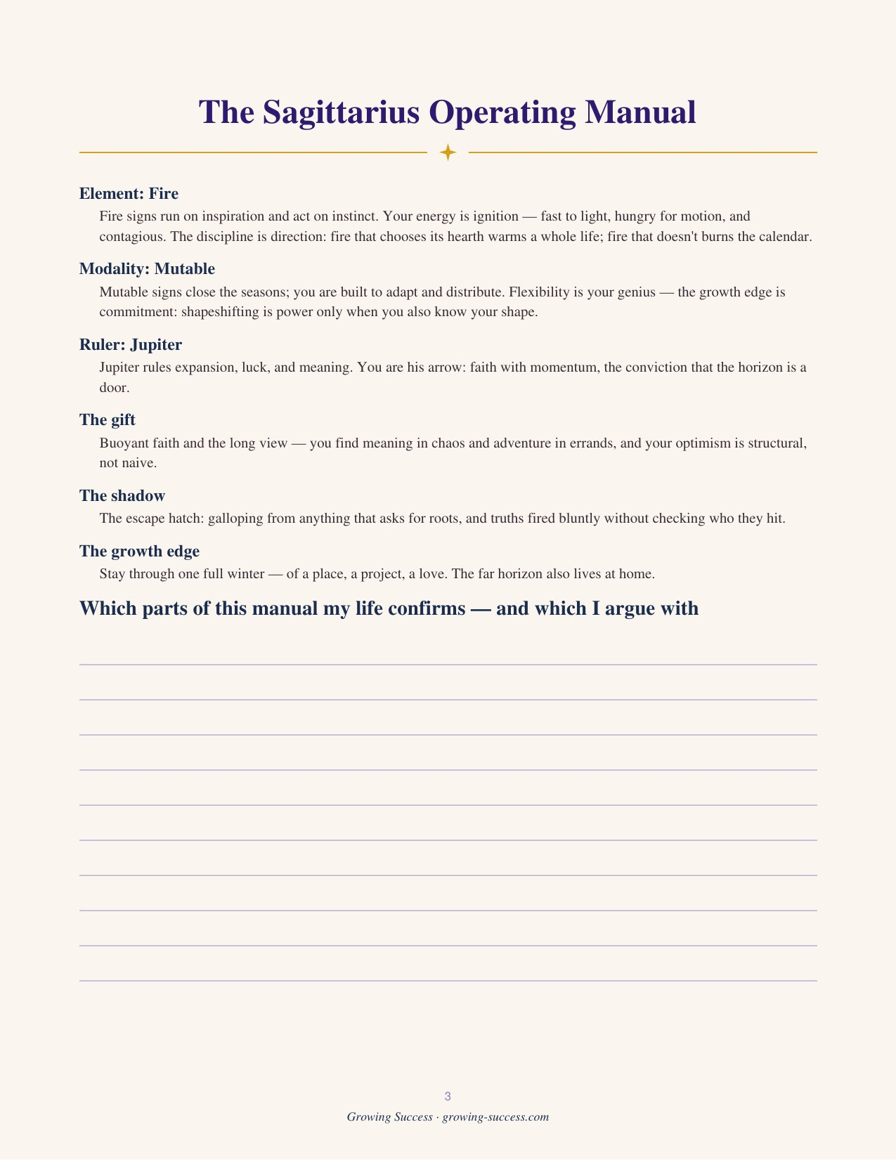 Sagittarius Year Journal — the Operating Manual page listing element, modality, ruling planet, core gift, shadow and growth edge. Guided astrology journal, printable and fillable PDF digital download.