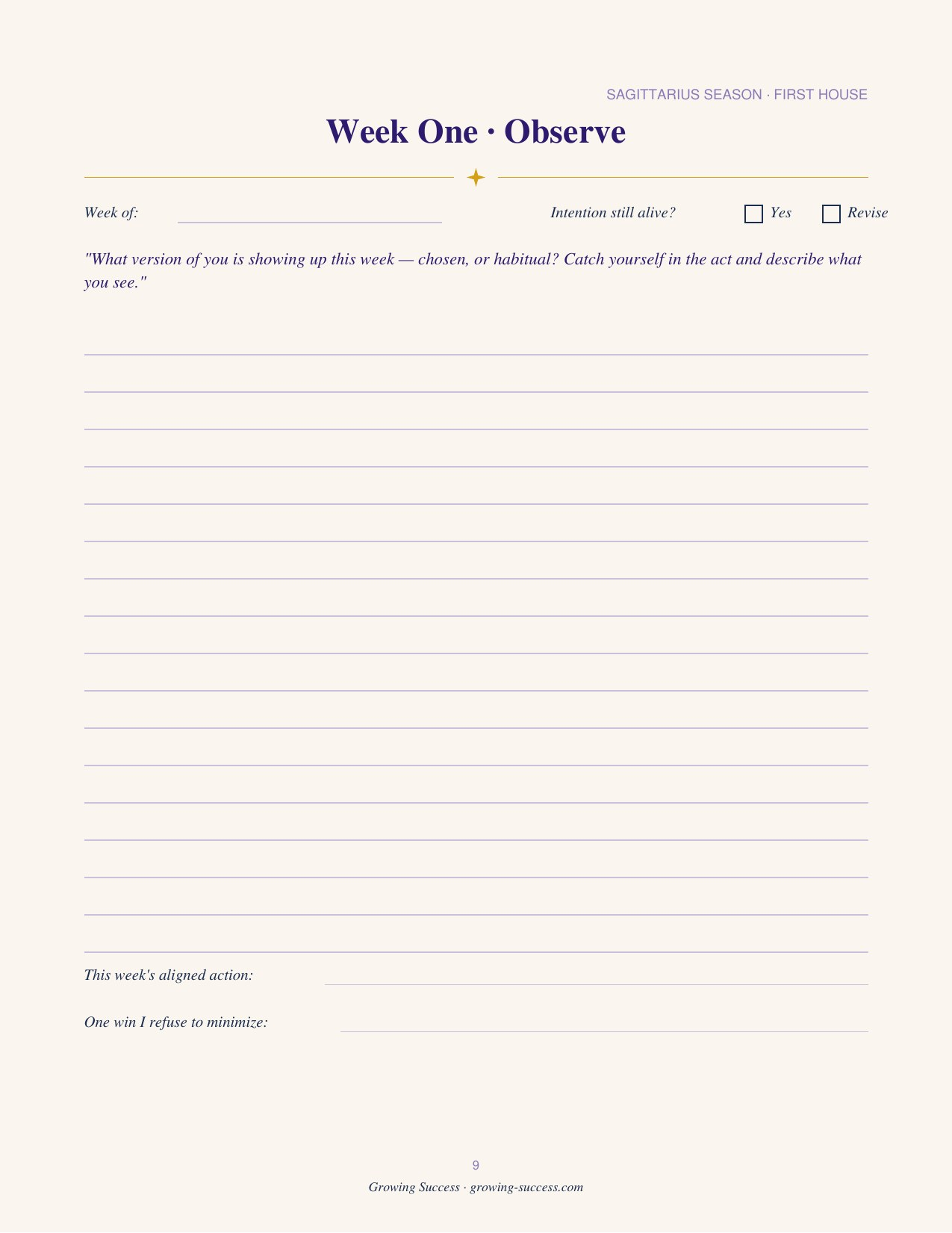 Sagittarius Year Journal — a weekly page (Week One · Observe) with room for the week’s intention, notes and what to tend. Guided astrology journal, printable and fillable PDF digital download.