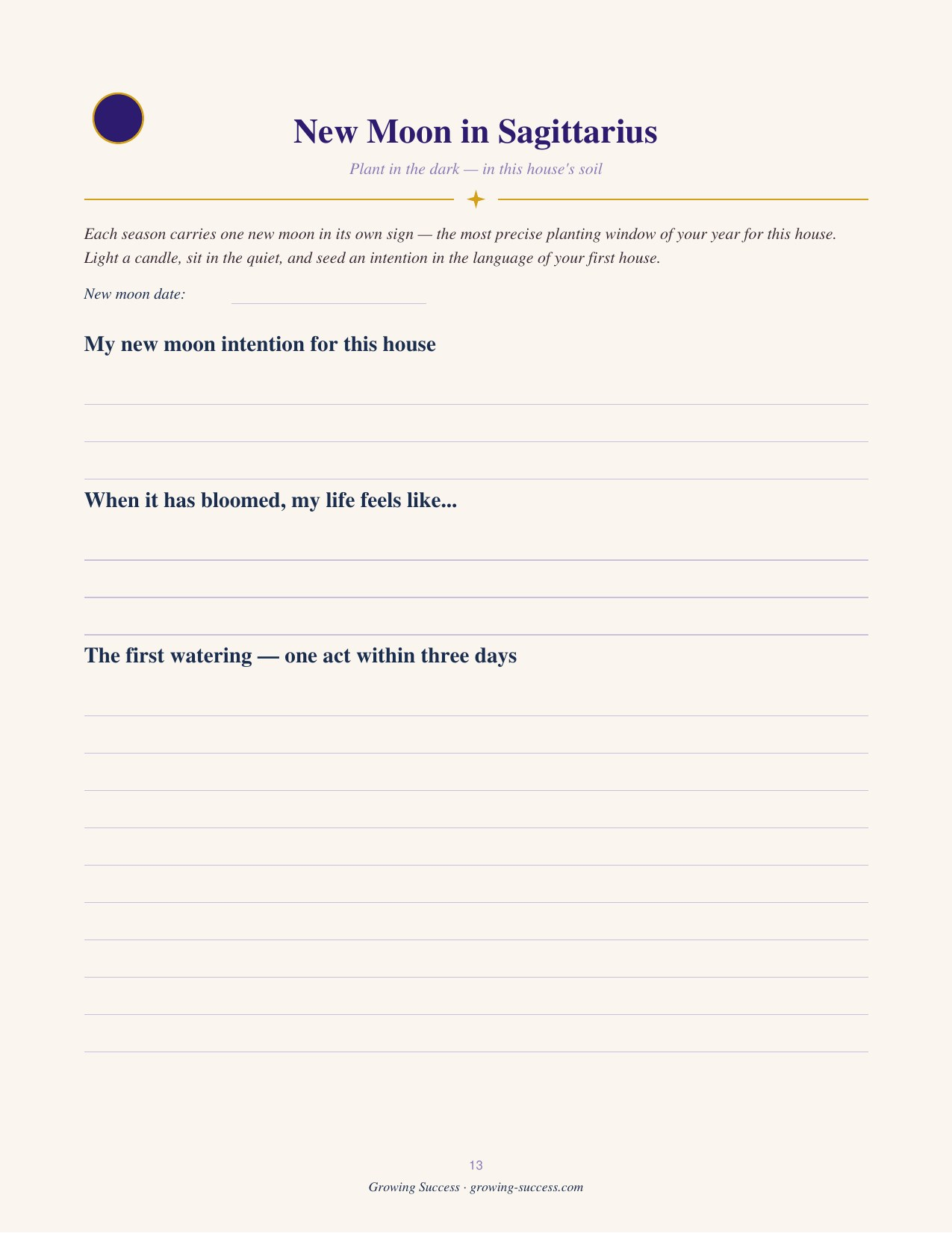 Sagittarius Year Journal — a new moon page for planting intentions in that season’s house. Guided astrology journal, printable and fillable PDF digital download.